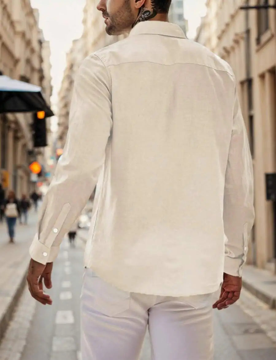 Mens Cotton Linen Button Down Shirt Solid Color Casual Long Sleeve Beach Shirt