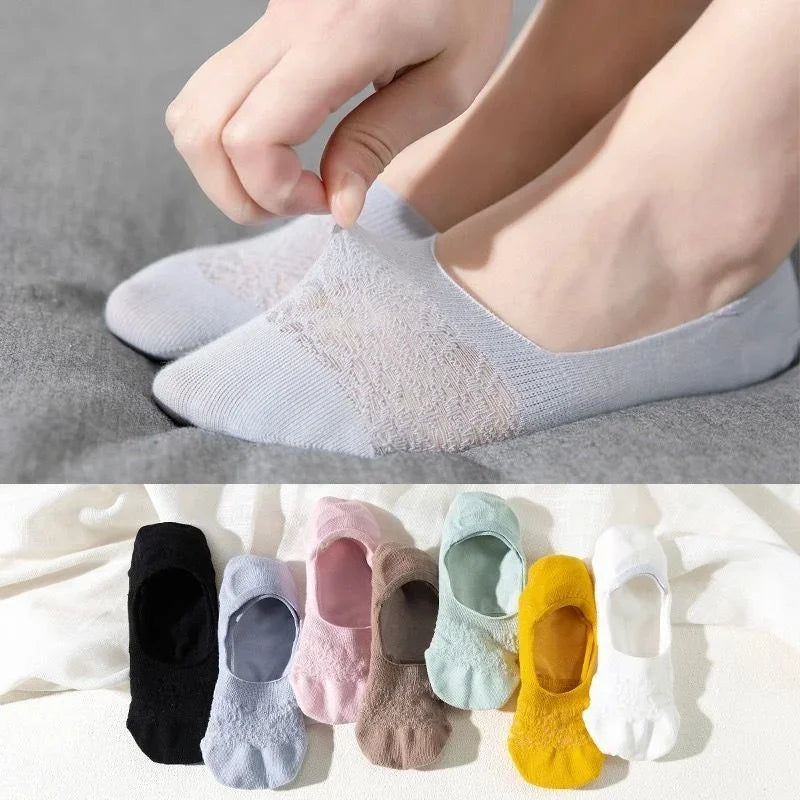 Fashion Non-slip Silicone Lace Ankle Socks Women Invisible Hollow Out Cotton Summer Boat Socks Breathable Short Low Cut Socks
