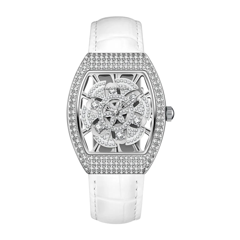 Mark Fairwhale Luxury Rotating flower dial Women's Watches Quartz Skeleton Tonneau Leather Diamond fully encrusted Watches for women