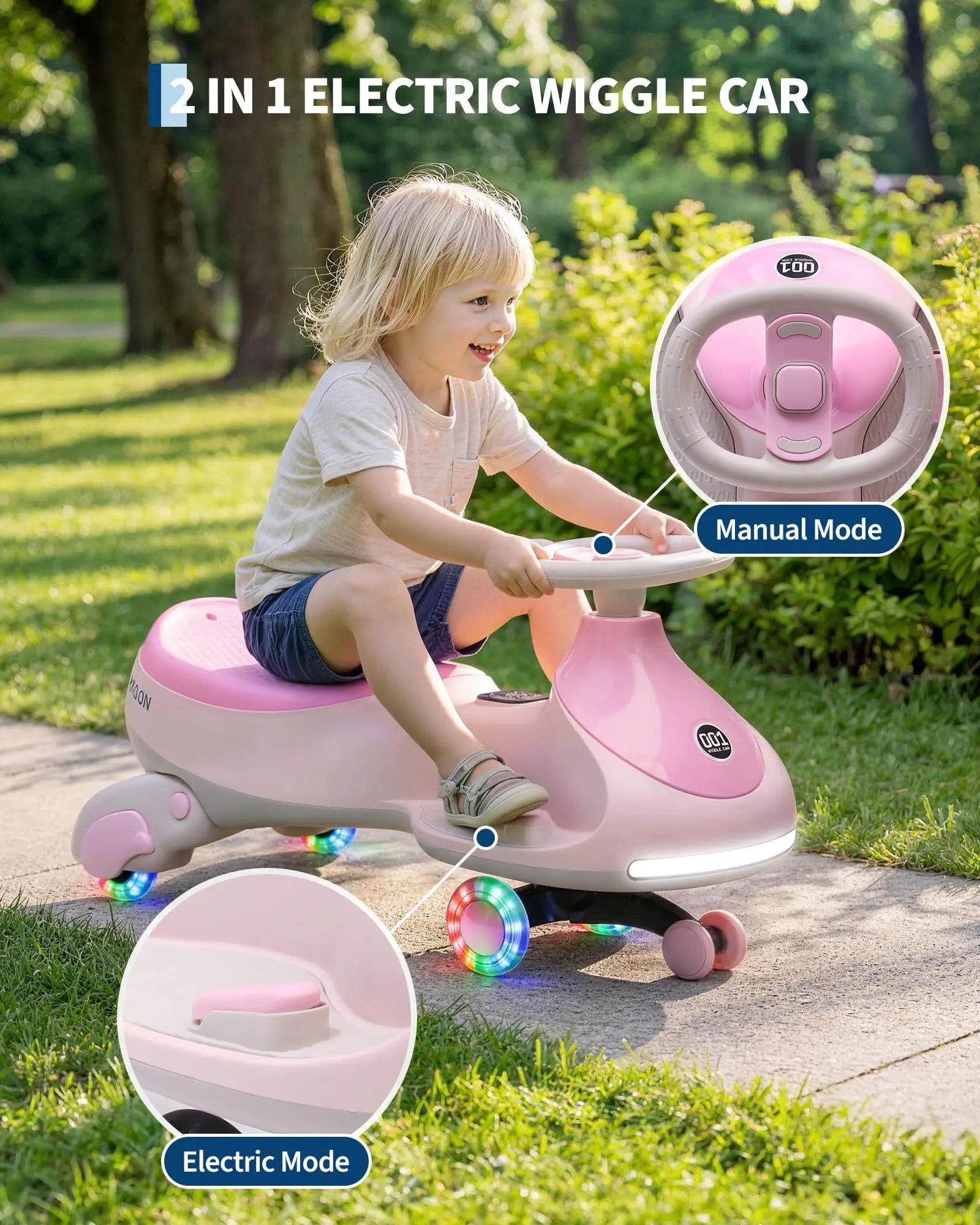 12V 2-in-1 Kids Electric Wiggle Car Ride On – Pedal & Swing, 360° Steering, Flashing Wheels, Music, Anti-Rollover, Rechargeable Battery, High Weight Capacity – Indoor Outdoor