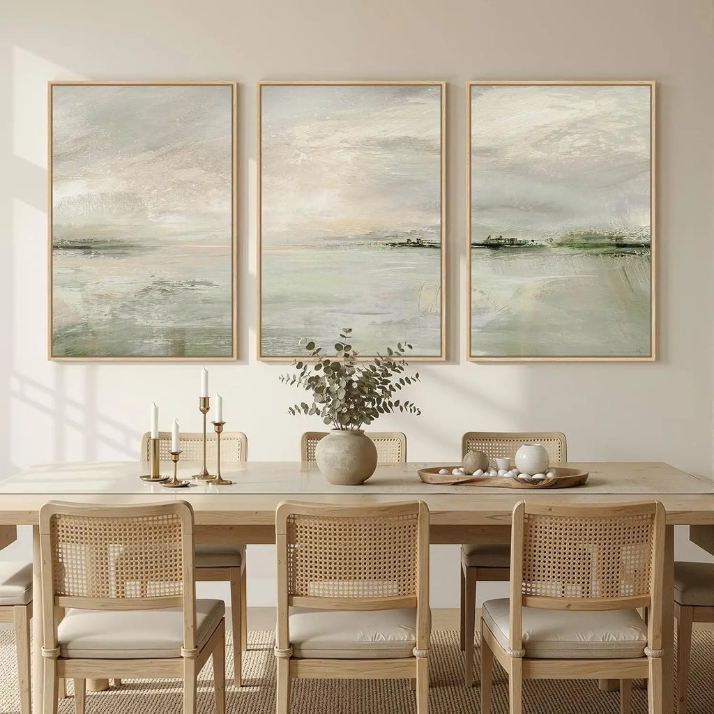Set of 3 Framed Sage Green Calming Abstract Landscape Canvas Wall Art Prints 24 X 36 Inch, Neutral Tone Wall Decor for Hallway Dining Room Bedroom Office Indoor Home Display