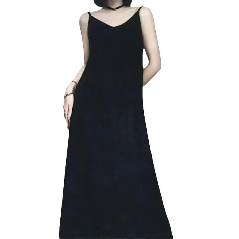 Original Black White Chiba Pleated Suspender Slimming Dress Women Casual Loose Drooping All-Match Dress
