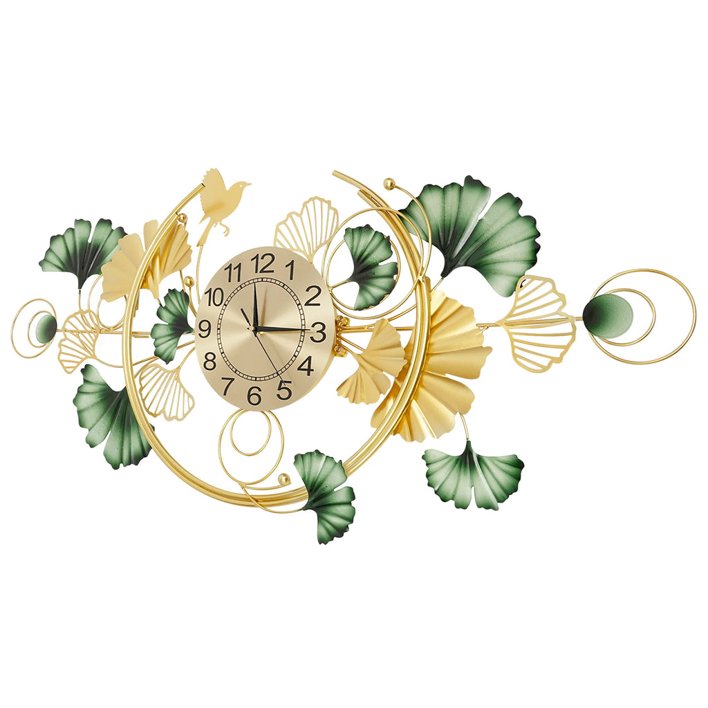 Wall Clock Metal Ginkgo Leaf Decor Large Hanging Silent Art Clock 100x50cm Modern Living Room Decorative Clock for Bedroom Office Hotel Restaurant Cafe Entrance Handmade Iron Large Wall Art Gold Green Elegant Gift