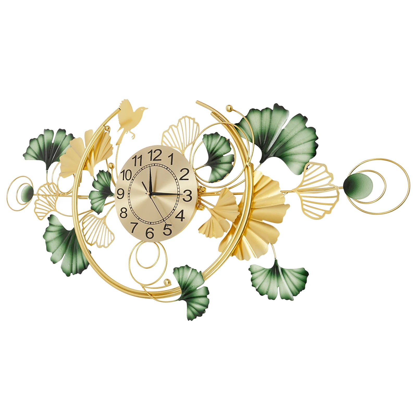 Wall Clock Metal Ginkgo Leaf Decor Large Hanging Silent Art Clock 100x50cm Modern Living Room Decorative Clock for Bedroom Office Hotel Restaurant Cafe Entrance Handmade Iron Large Wall Art Gold Green Elegant Gift