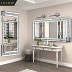 LUVODI Large Vanity Mirror with Sparkly Crystal Rhinestone Diamond Frameless Wall Mounted Silver Dressing Mirror for Home/Hotel