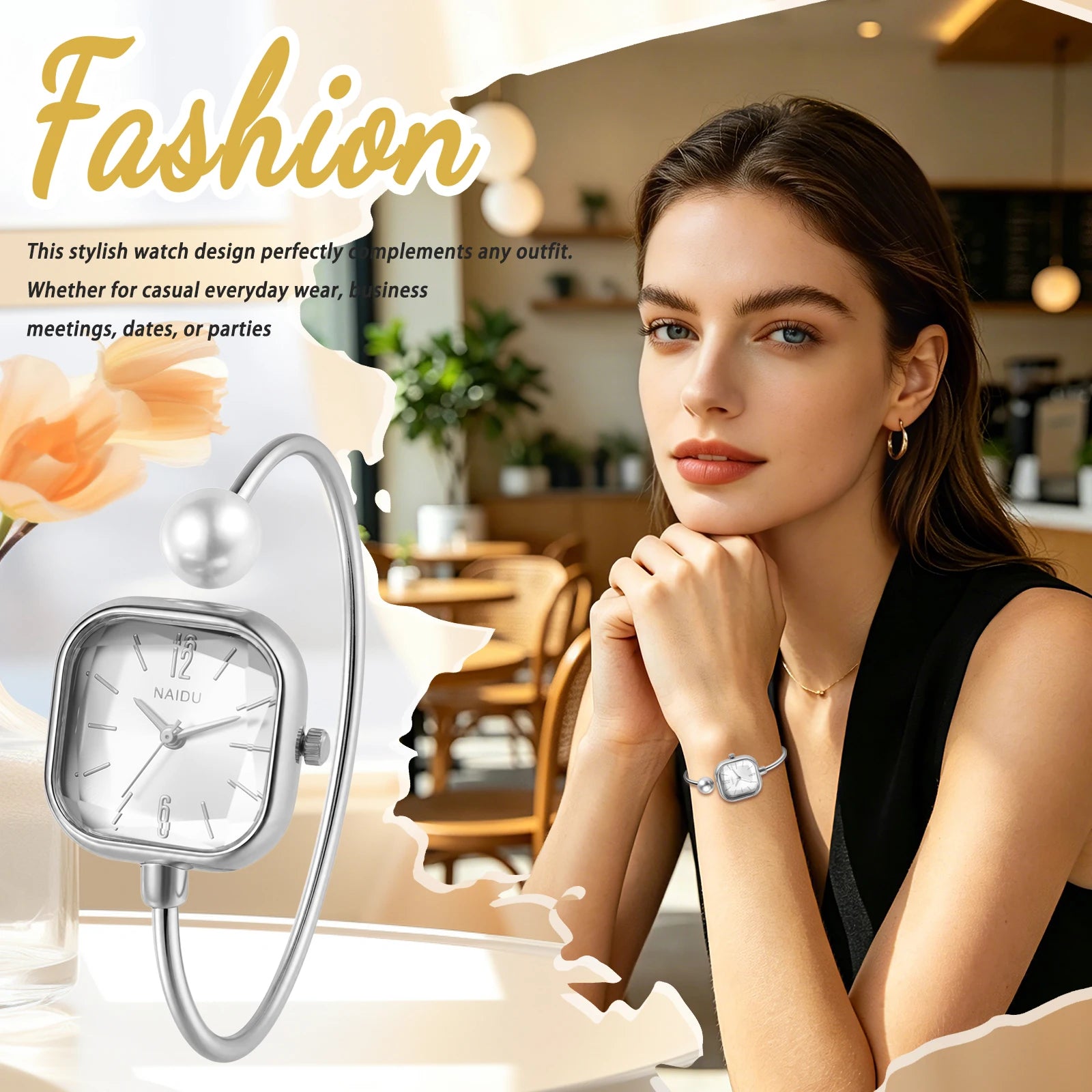 Elegant women's watch, featuring a simulated quartz square case, bar markers, and a bracelet design with imitation pearl embellishments; suitable for all seasons and professional settings