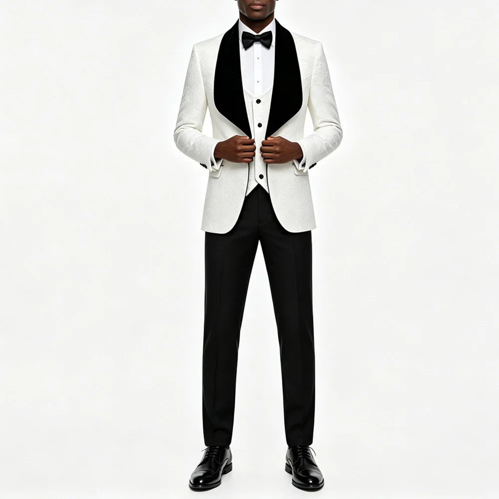 Men Light Blue Jacquard Tuxedo 3 Piece Suit Shawl Black Lapel Slim Fit Blazer Vest Pants Set Wedding Groom Prom Dinner Party Formal Mens Suit