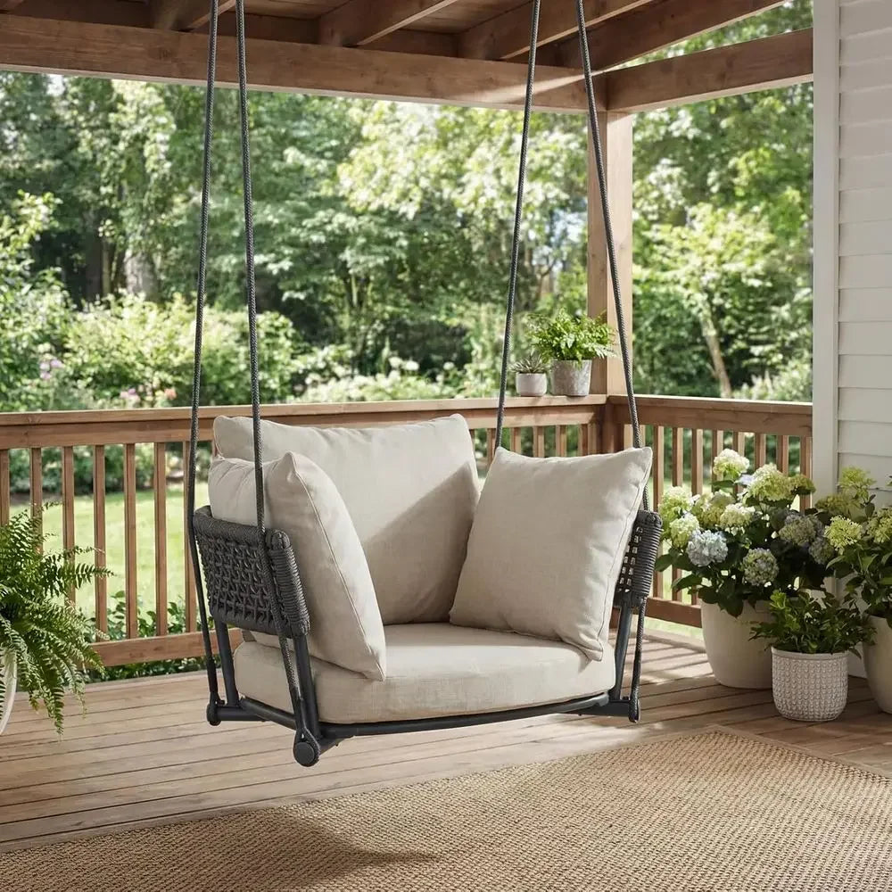 Cushioned Porch Swing Chair, Indoor/Outdoor Hanging Swing, Perfect for Patio or Balcony, Beige