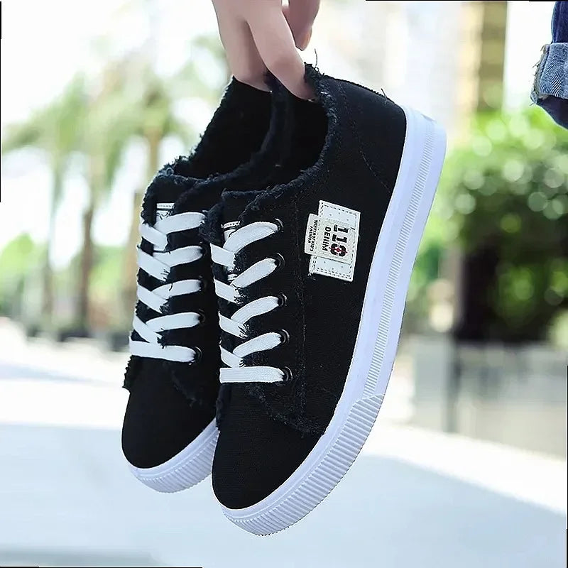 2024 Spring Summer Women Canvas Sneakers Low Top Lace Up Denim Flat Shoes Female Casual Board Shoes