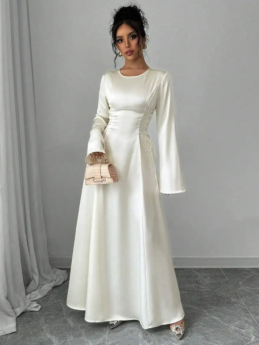 Elegant Ivory A-Line Satin Maxi Dress With Cinched Waist And Flare Sleeves