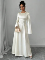 Elegant Ivory A-Line Satin Maxi Dress With Cinched Waist And Flare Sleeves
