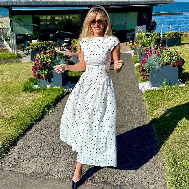 XTOCEAN White Polka Dot Long Dress Summer Sexy High-Waisted Vintage Print Sleeveless Dress Casual Party Vacation New Women Dress