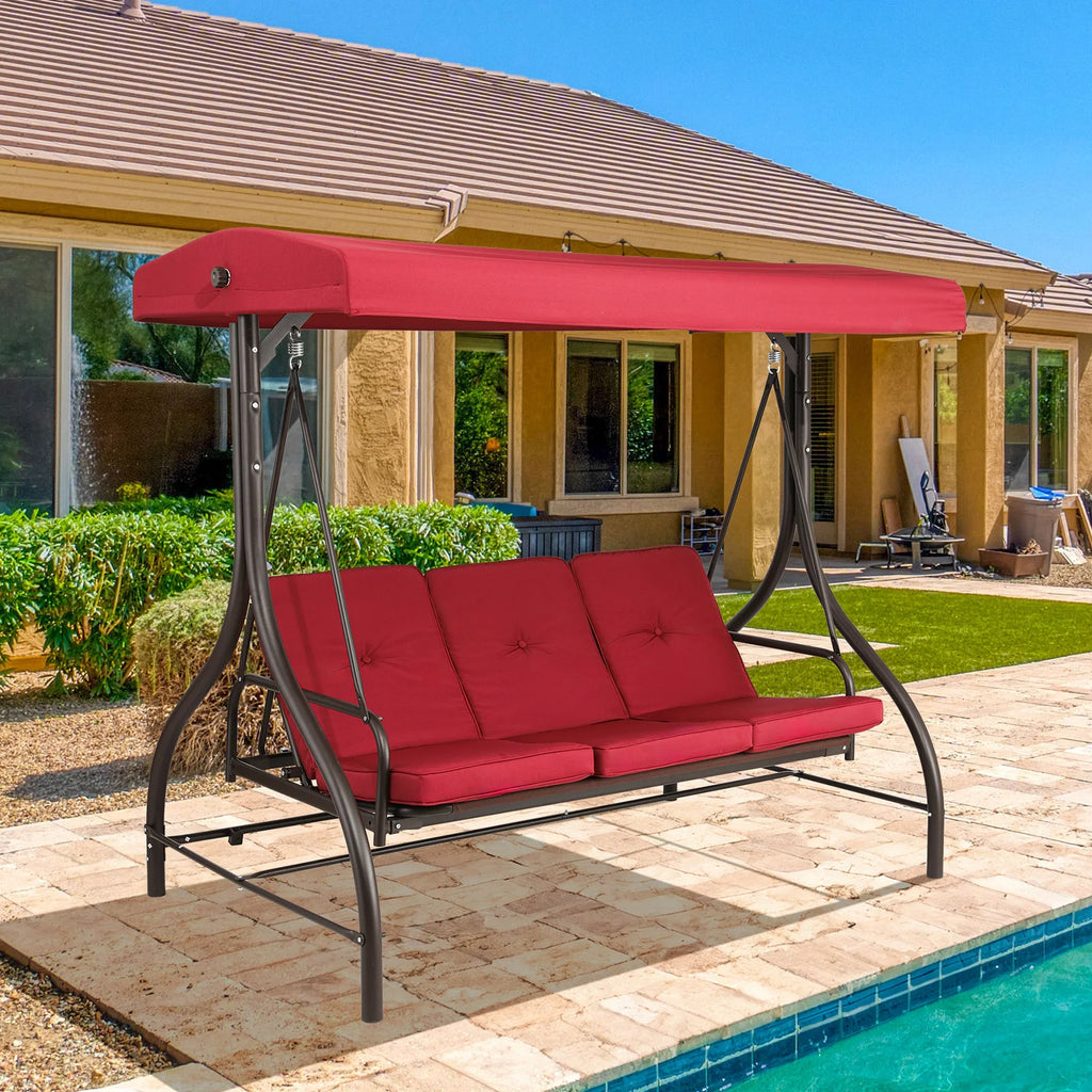 AOOU 3-Seat Patio Chair Deluxe Porch Swing with Adjustable Canopy Removable Cushion
