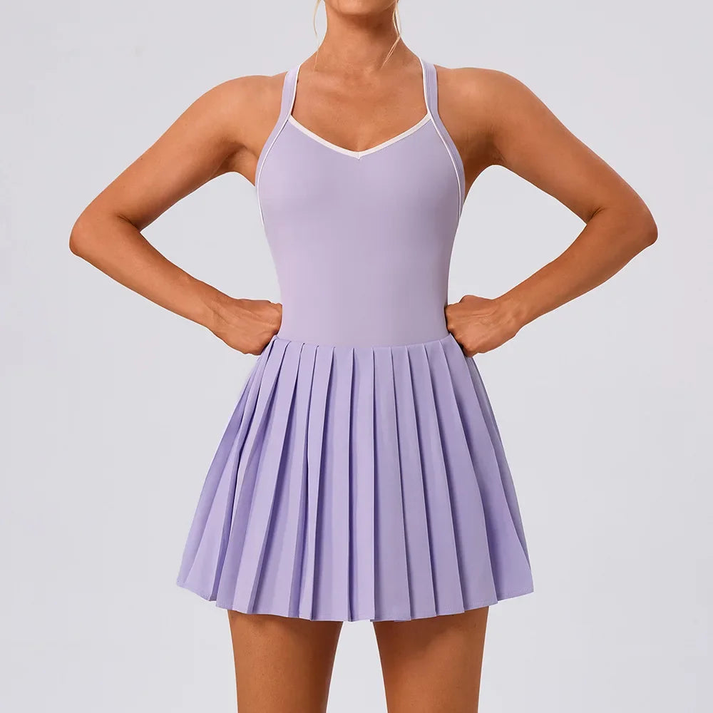 Yoga Suits for Women Sports Dress with Bra and V Neck Workout Clothing Tennis Dresses Golf Skirts Gym Fitness Tights Skorts