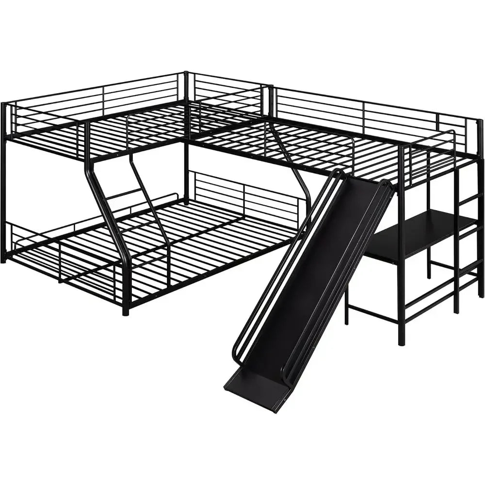 L-Shaped Bunk Bed with Twin Over Full Metal Frame, Built-in Desk and Slide for Kids (Black)