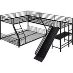 L-Shaped Bunk Bed with Twin Over Full Metal Frame, Built-in Desk and Slide for Kids (Black)