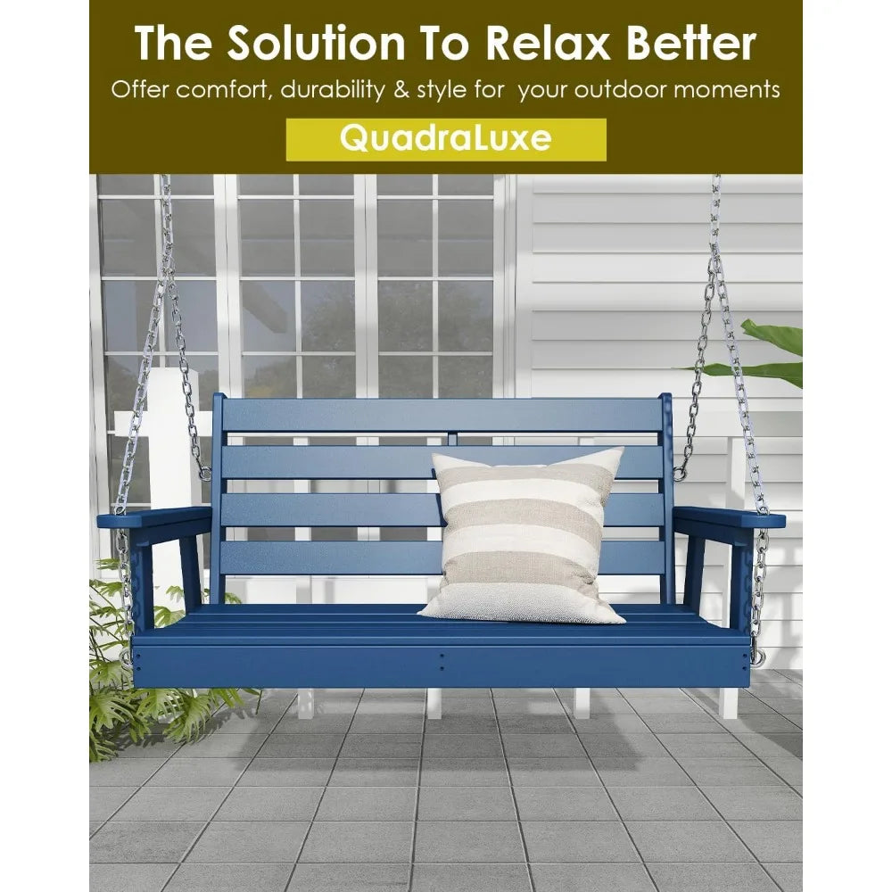 Extra Wide 2-Person Porch Swing, Blue, Durable HDPE, Stainless Steel Chains, Weather-Resistant, Ideal for Garden and Deck