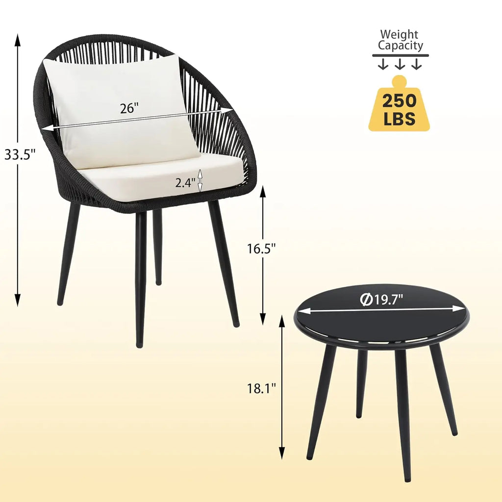 3 Pieces Bistro Set, Woven Rope Chair with Cushions, All Weather Patio Conversation Set and Side Table, Ideal for, Customized
