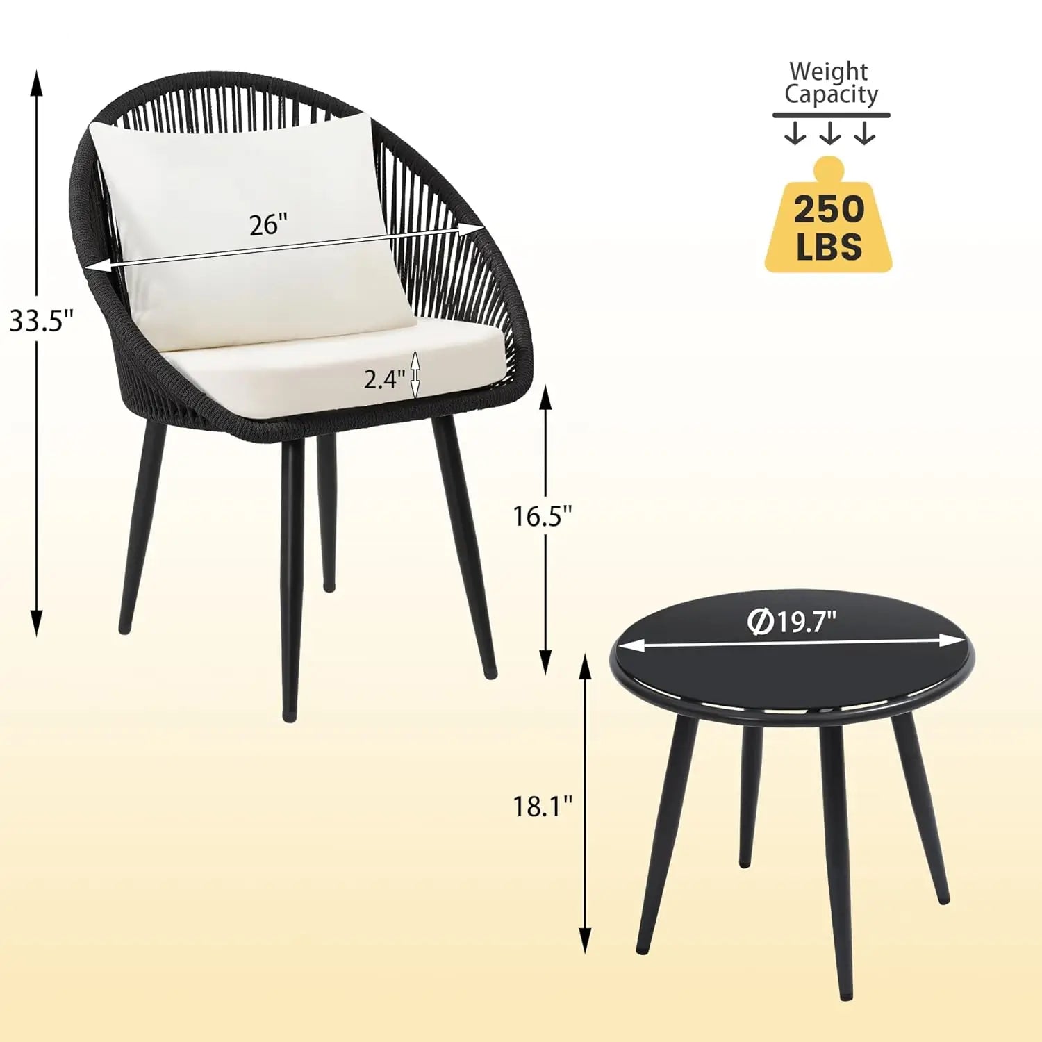 3 Pieces Bistro Set, Woven Rope Chair with Cushions, All Weather Patio Conversation Set and Side Table, Ideal for, Customized