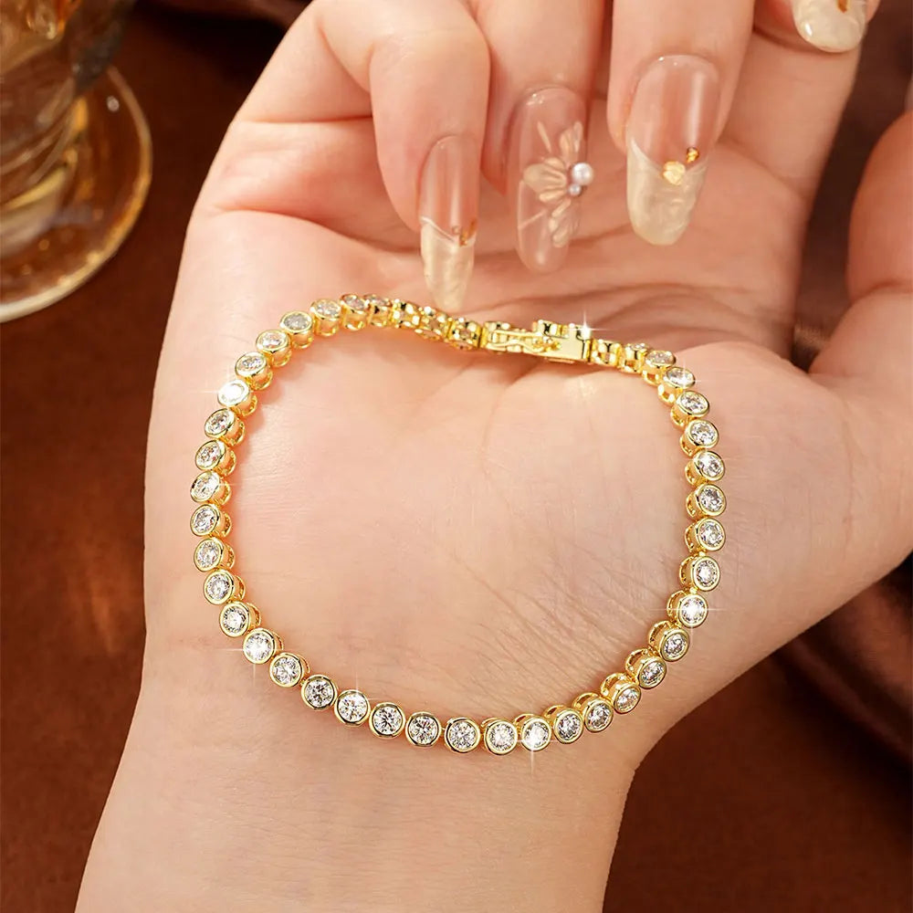 OXTAO Bezel Set Moissanite Tennis Bracelet 14K Gold Filled D Color VVS1 Round Cut Imitation Diamond Bracelet Gifts for Women