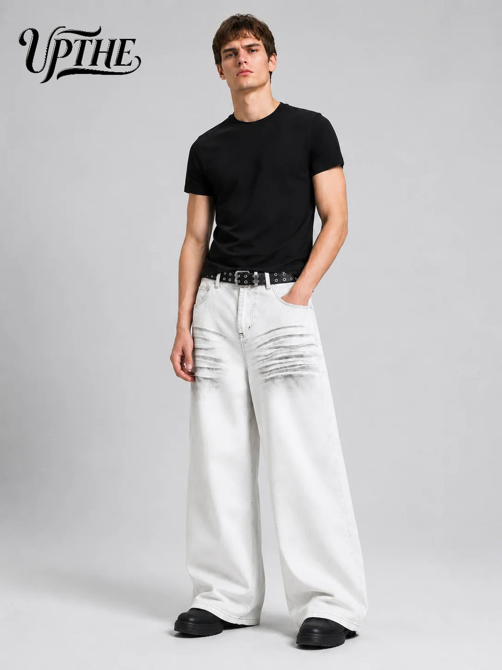 UP.THE Men White Gradient Washed Crinkle Baggy Wide Leg Jeans, Y2K Oversized Loose Distressed Denim Pants, Grunge Streetwear Trousers for Daily Outfits