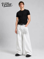 UP.THE Men White Gradient Washed Crinkle Baggy Wide Leg Jeans, Y2K Oversized Loose Distressed Denim Pants, Grunge Streetwear Trousers for Daily Outfits