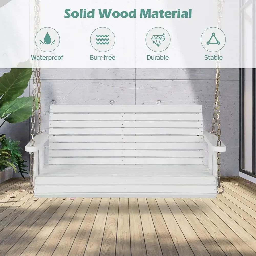 2-Seat Wooden Porch Swing with Hanging Chains, 600 lbs Capacity, for Outdoor, Patio, Garden, Backyard (White)