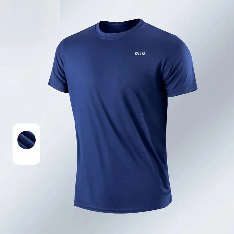 Summer Men Athletic Solid Round Neck Short Sleeve T-Shirt Polyester Quick Dry Breathable Lightweight Gym Running Bodybuilding Training Football Sport Tops