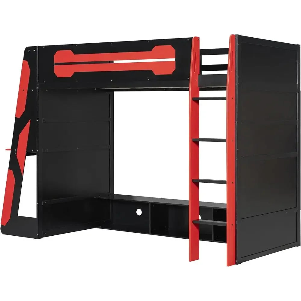 Twin Size Gaming Loft Bed with Integrated Desk and Storage, Wood Frame, LED Light Strip, Space-Saving Design (Red)