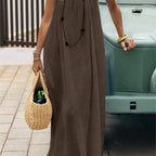 Pleated Halter Maxi Dress Elegant Women Dress Long Halter Sleeveless Backless Pleated Loose Beach Party Summer