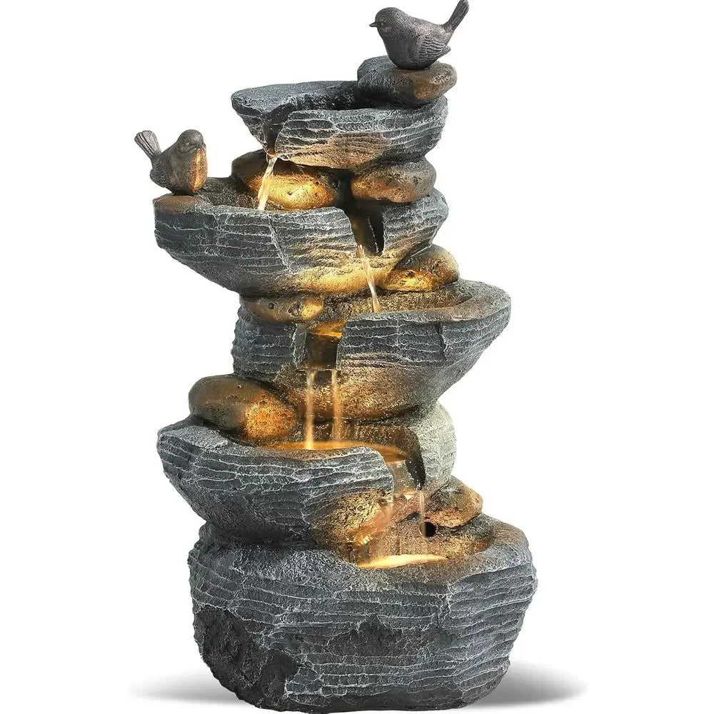 5-Tier Cascading Rock Fountain with 4 LED Lights - Outdoor Waterfall for Garden, Patio, Yard, and Deck Decor