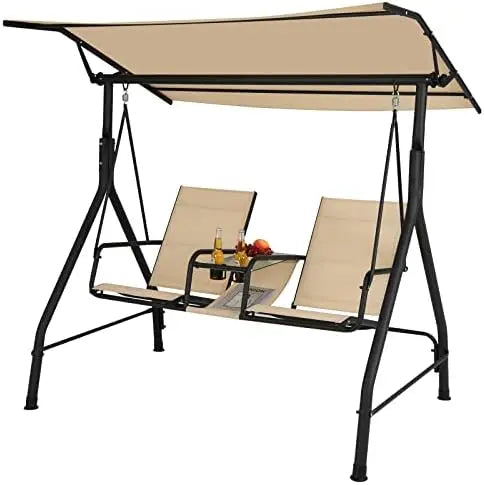 2 Person Porch Swing, Outdoor Swing with Tempered Glass Table, 2 Cup Holder, Patio Swing with Adjustable Canopy for