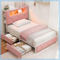 Twin Upholstered LED Bed Frame with 2 Storage Drawers and 2-Tier Bookcase Headboard, Velvet Platform Bed, Heavy Duty Metal Support, No Box Spring Needed