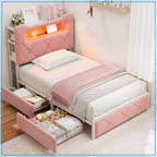 Twin Upholstered LED Bed Frame with 2 Storage Drawers and 2-Tier Bookcase Headboard, Velvet Platform Bed, Heavy Duty Metal Support, No Box Spring Needed