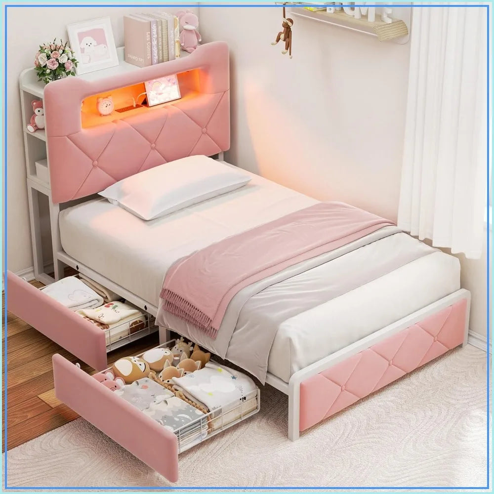 Twin Upholstered LED Bed Frame with 2 Storage Drawers and 2-Tier Bookcase Headboard, Velvet Platform Bed, Heavy Duty Metal Support, No Box Spring Needed