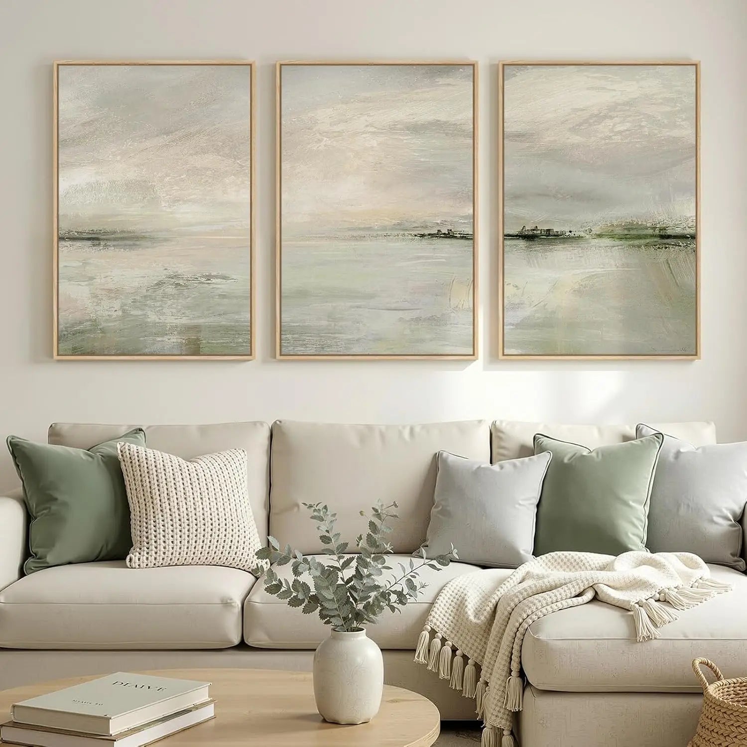Set of 3 Framed Sage Green Calming Abstract Landscape Canvas Wall Art Prints 24 X 36 Inch, Neutral Tone Wall Decor for Hallway Dining Room Bedroom Office Indoor Home Display