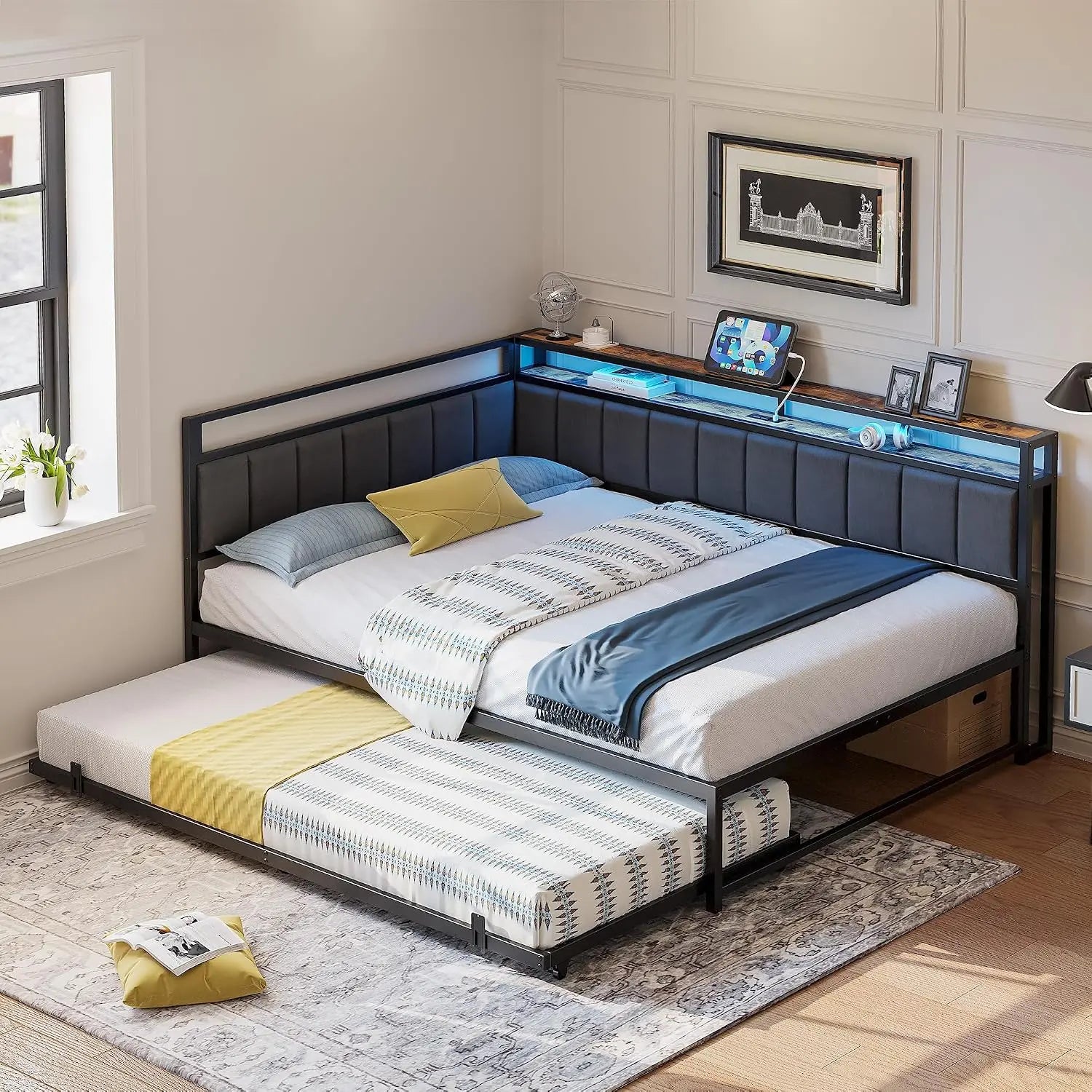 Corner Full Bed Frame with Trundle, Upholstered Storage Headboard & LED Lights, Full Size Daybed with Charging Station,, Custom