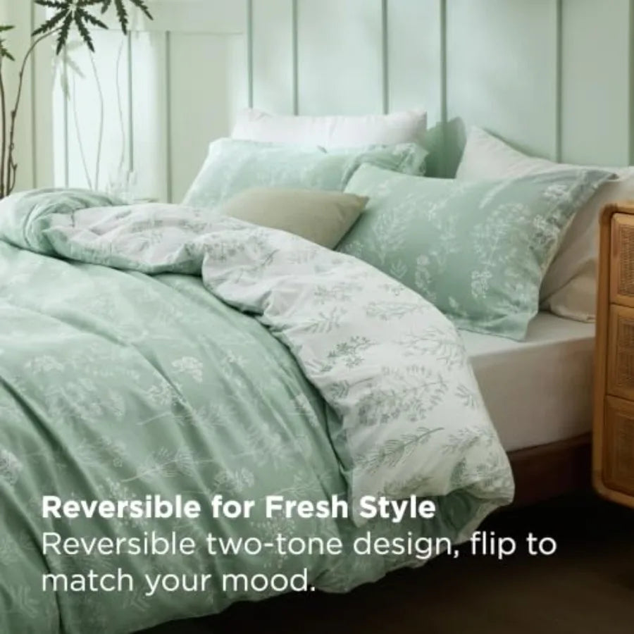 Comforter Set - Sage Green Bed Set, 3 Pieces Lightweight Summer Cute Floral Bedding, 1 Soft Reversible Botanical Flowers Comfor