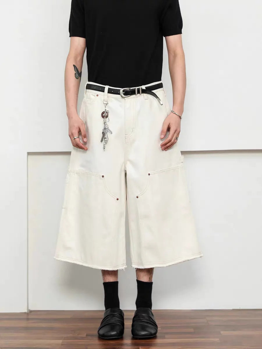 Men's White Baggy Wide Leg Carpenter Denim Jorts Frayed Raw Hem Y2K Street Style Casual Daily Going Out Loose Fit Streetwear Shorts