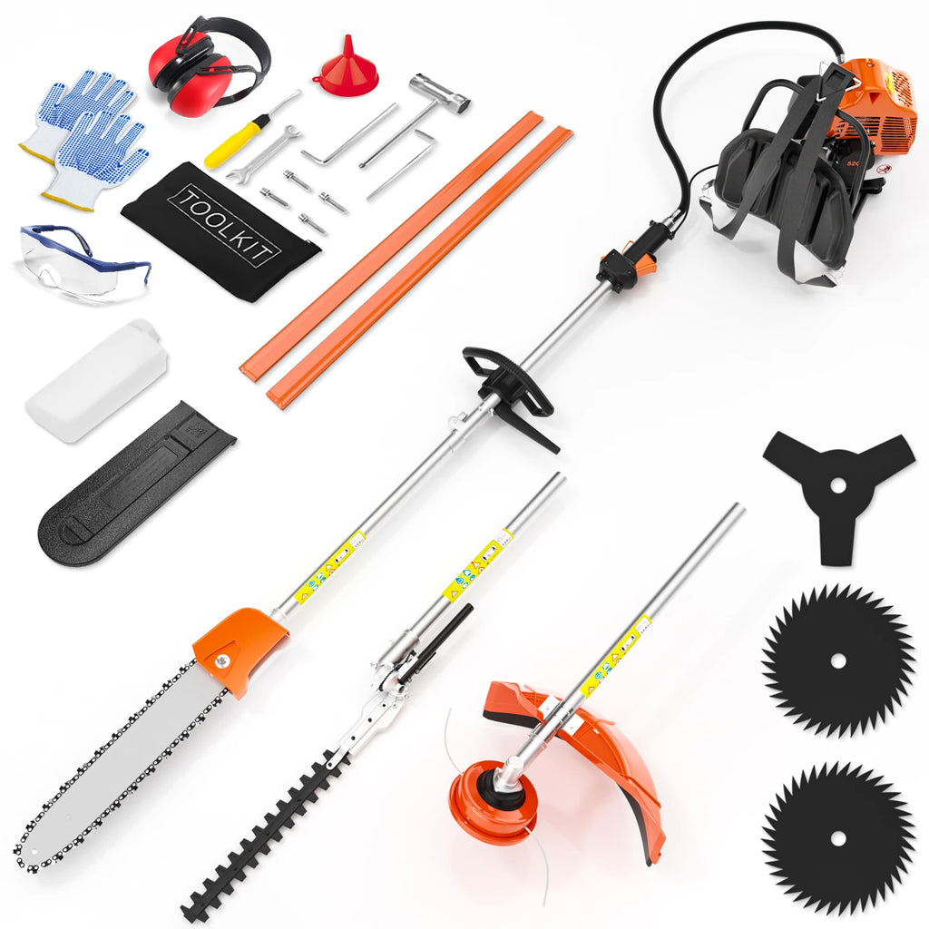 52cc 6 in 1 Gas Hedge Trimmer,Brush Cutters Weed Eater Wacker Gas Powered,Gas Pole Saw Chainsaw,Grass Pruner Multifunctional for Yard Garden Lawn Care