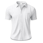 Men Slim Fit White Linen Short Sleeve Shirt Point Collar Chest Pocket Full Button Down Lightweight Textured Breathable Summer Business Casual Top