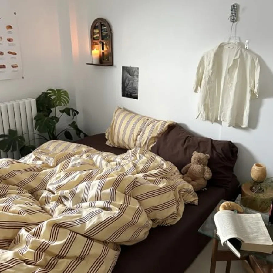 Retro Striped Duvet Cover Set - 100% Natural Cotton 3-Piece Vintage Red Stripes Pattern Printed Bedding Set, Soft Breathable Co