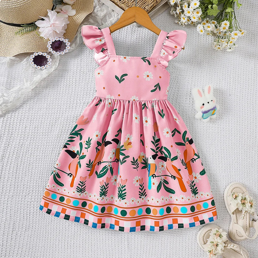 Girls Summer Style Small Fly Sleeve Plant Print Dress Casual Cute Floral A-Line