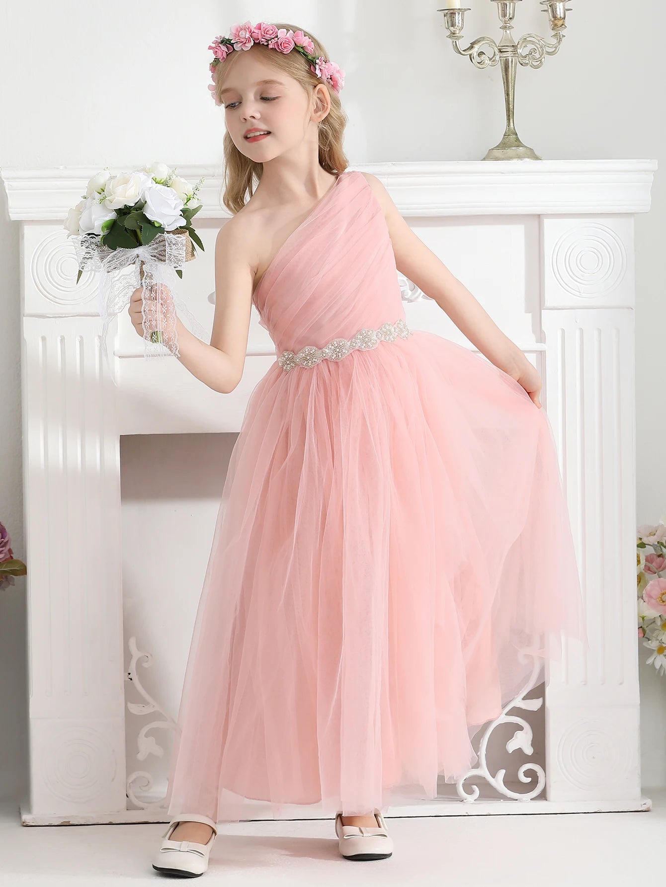 Wedding Flower Girl Dress, One Shoulder Ruched Tulle Gown, A-Line Princess Dress with Rhinestone Waist for Girls Junior Bridesmaid