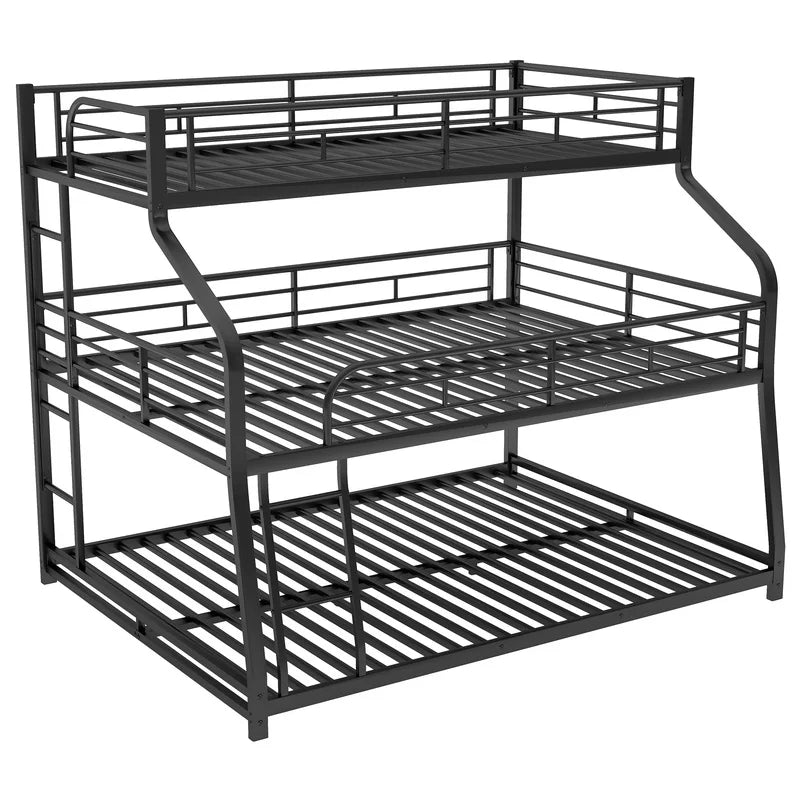 Black Twin XL Full XL Queen Triple Bunk Bed with Long Short Ladder and Full Guardrails