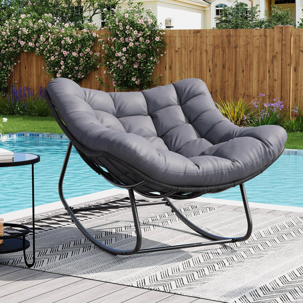 Oversized Outdoor Rocking Chair Metal And PE Rattan Frame With Cushion 400LBS Capacity Gentle 30 Degree Rocking Comfort Ideal For Patio Garden Or Living Room