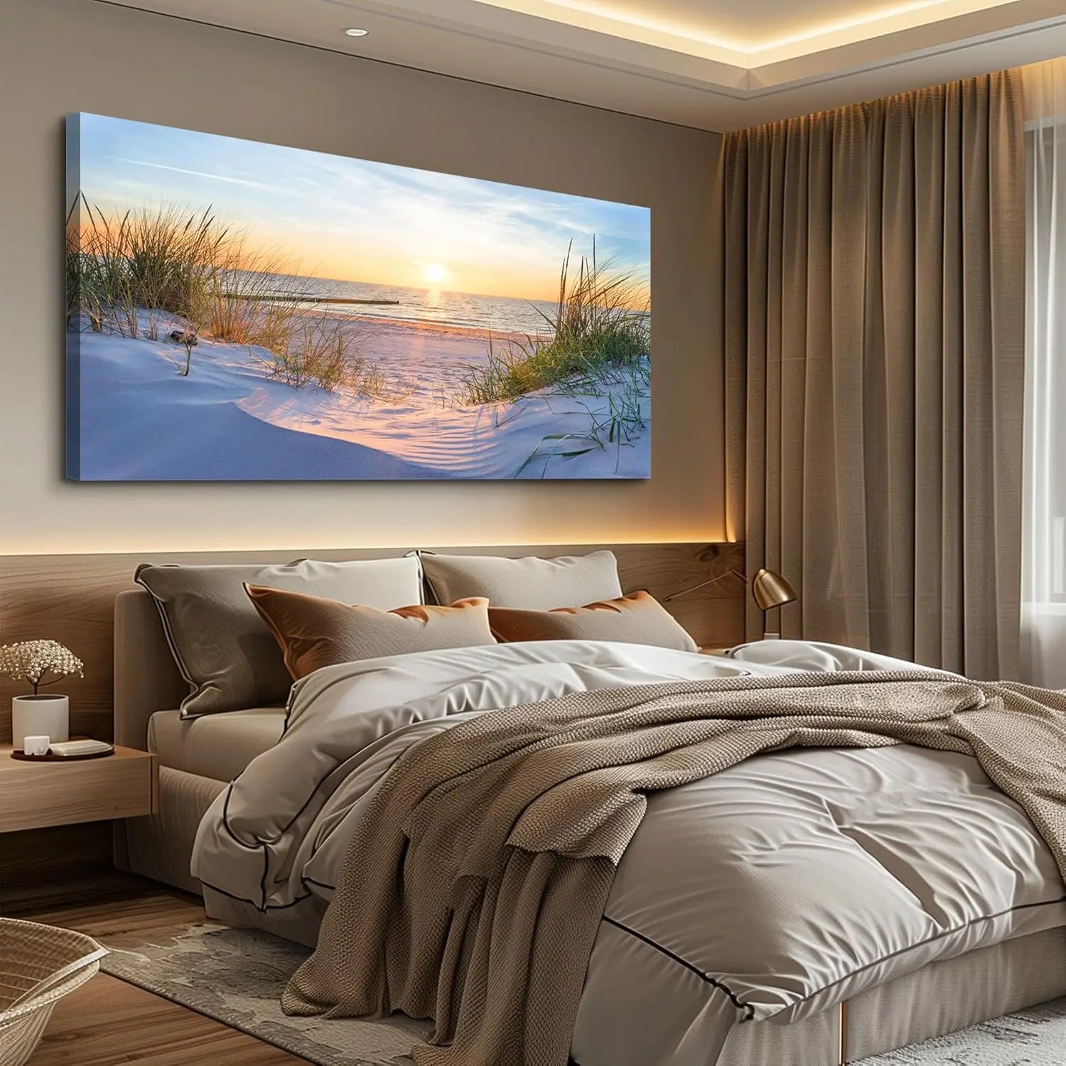 Framed Blue Ocean Beach Sunset Grass Landscape Canvas Wall Art Prints Extra Large, Coastal Seascape Wall Decor for Living Room Bedroom Office Indoor Home Display