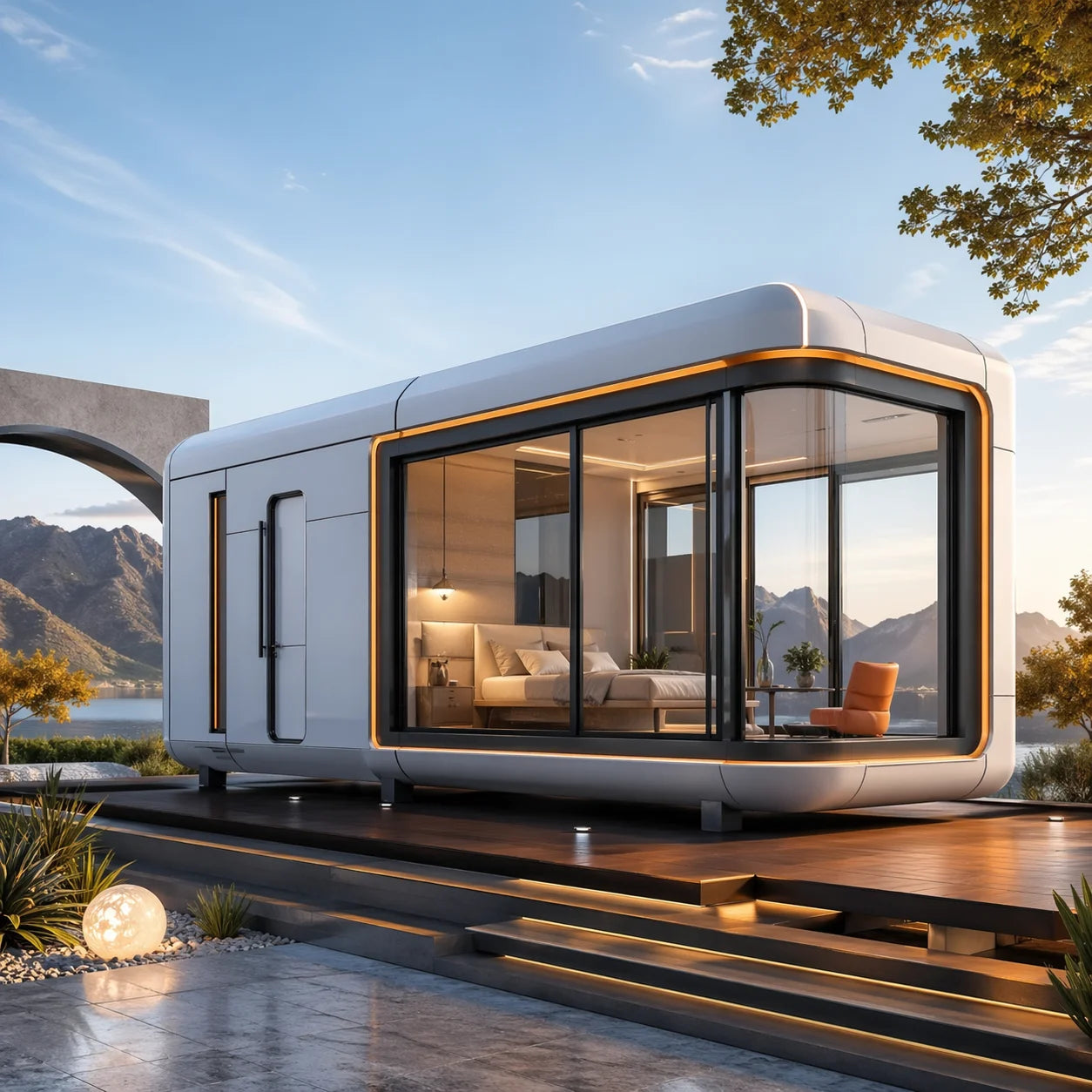 Tiny Expandable Container House Bedroom Bathroom Kitchen Off Grid Mountain Retreat Cabin Style Surrounded by Natural Forest View