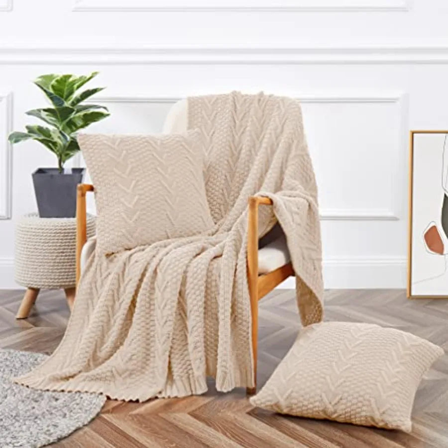 Knitted Throw Blanket 50" x 60" and 2 Pillow Covers (18" x 18") 3 Pcs Throw Blanket Set Decorative Throw Blankets for Couch Sof
