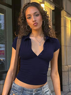 Women Crop Short Sleeve T-shirt Polo Neck Short Sleeve Front Button Solid Plain Casual Y2K Slim Woven Cotton Summer Holiday Street